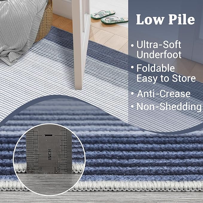 GarveeHome Washable Rug 8x10 Living Room Rugs, Modern Neutral Bordered Rug for Dining Room Solid Non Slip Low Pile Pet Friendly Large Carpet for Farmhouse Apartment Bedroom Dorm Blue