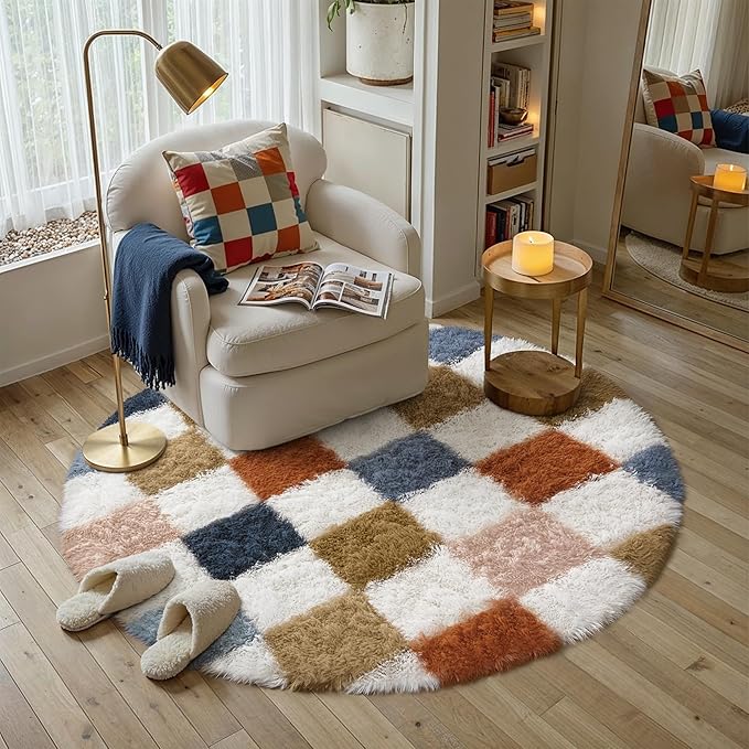 Checkered Rug 4x4 for Living Room, Modern Rainbow Shag Rug Super Soft Washable Indoor Fuzzy Carpet Non-Slip Fluffy Rugs for Bedroom Home Aesthetic Decor