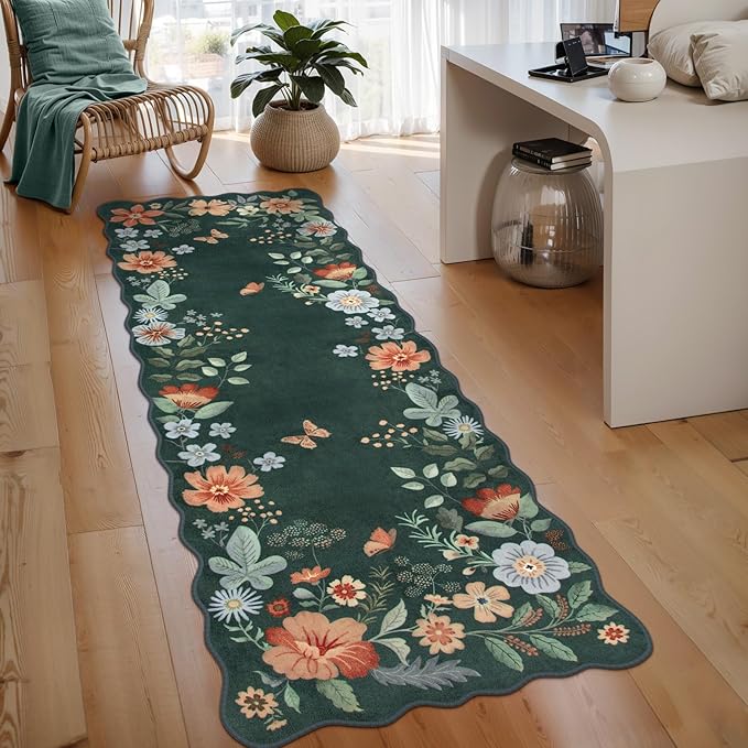Lahome Floral Hallway Runner, 2X6 Washable Runner Rug Non-Slip, Ultra-Thin Soft Stain Resistant Boho Low-Pile Carpet for ‎Kitchen Laundry Bathroom Bedroom, Dark Green