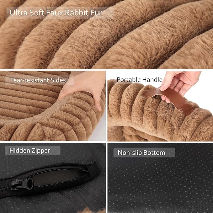 Orthopedic Dog Bed for Large Dogs, Comfort-Sided Calming Pet Bed with Breathable Memory Foam, Plush Faux Rabbit Fur & Non-Slip Bottom, Machine Washable with Carry Handle, 35"x27"x5.5", Brown