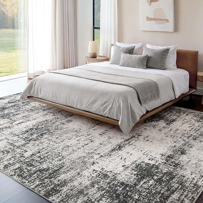 Area Rug Living Room Washable Rugs: 9x12 Modern Neutral Abstract Low Pile Non Slip Floor Carpet - Large Soft Thin Stain Resistant Rug for Bedroom Dining Indoor Office Home, Dark Grey