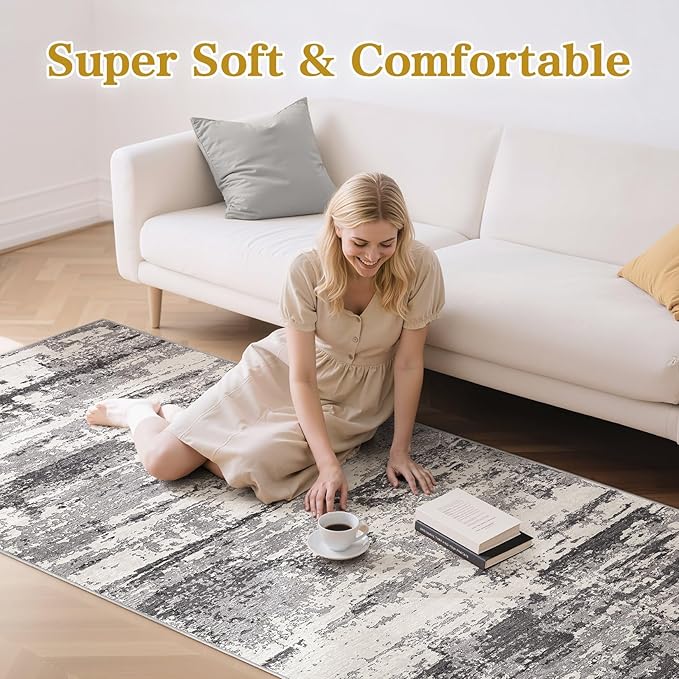 Area Rugs for Living Room: Abstract Washable Rug Modern Neutral Large Soft Stain Resistant Non-Slip Backing Machine Table for Bedroom Dining Room Indoor Home Office Carpet - 3x14 Black Grey