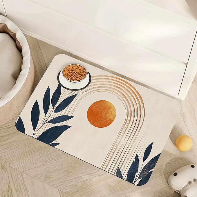 Sun Boho Leaf Dog Cat Food Mat,Absorbent Pet Feeding Mat for Food and Water,Non-Slip Dog Bowl Mats Floor Protector 12"x20"