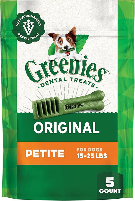 Greenies Veterinarian-Recommended Adult Natural Dental Dog Treats Petite Size, Dog Dental Chews, Original Flavor, 3 oz. Pack, 5 Count