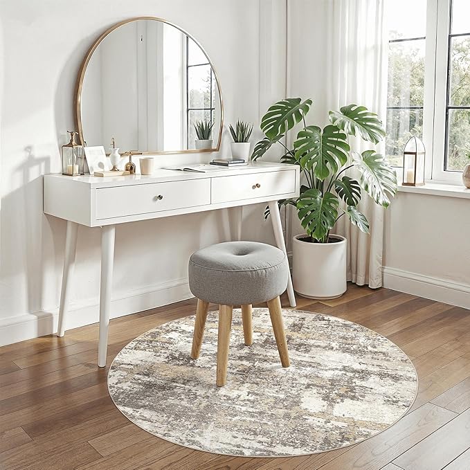 4ft Round Area Rugs for Living Room: 4x4 Abstract Washable Rug Modern Large Soft Stain Resistant Non-Slip Backing Machine Table for Bedroom Dining Room Indoor Home Office Carpet - Gold Brown