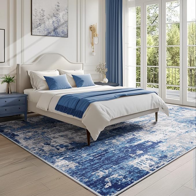 Washable Area Rugs 7'x9' Non-Slip Modern Abstract Soft for Living Room Entryway Bedroom Nursery, Print Pattern, Blue Grey Navy Gray