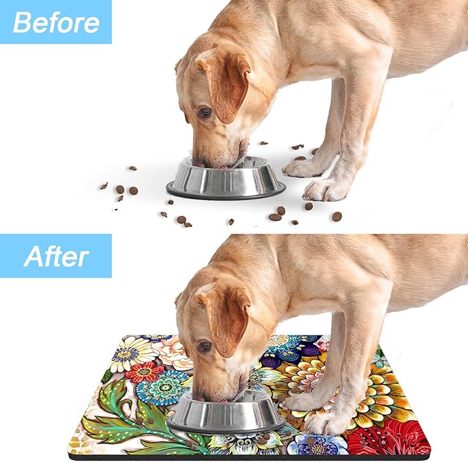 Rnivvi Dog Food Mat, 16" x 24" Flower Absorbent Dog Cat Bowl Mat for Food and Water, Cute Anti-Slip Rubber Pet Feeding Rug Protect Floors, Puppy Placemat for Feeding & Watering Supplies,Mandala Floral