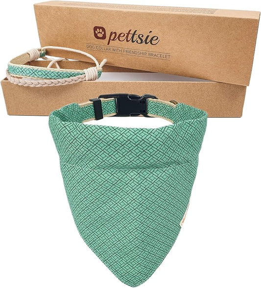 Pettsie Dog Bandana Collar with Matching Friendship Bracelet – Adjustable, Durable Hemp & Soft Cotton, Stylish & Comfortable Pet Bandana, Designed for Dog Lovers, Small, Green