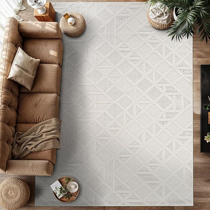 Modern Micro Loop Indoor Area Rugs for Living Room Bedroom Kitchen Geometric Square White 5x7 Luxury Durable Low and High Pile Non-Shedding Stain Resistant Soft Area Carpet 5 x 7