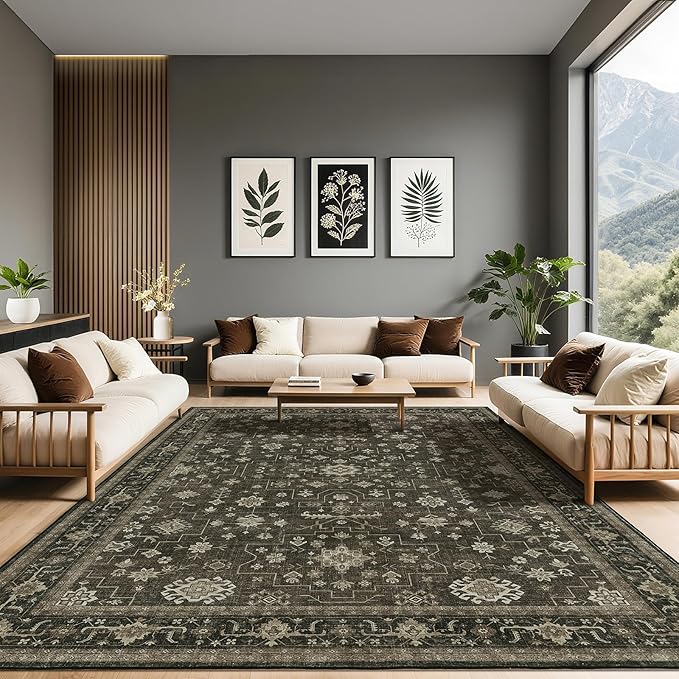 LBRO2M Distressed Washable Rugs 9X12 Area Rug for Living Room for Bedroom Dining Room Non Slip Farmhouse Rugs Easy Clean, Stain Resistant Carpet Great for Pets and Kids (9'X12' Dark Brown)