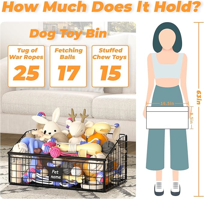Dog Toy Bin Toy Basket Metal Storage Box with Handles Dog Organizer Chew-Proof Dog Toy Box Blankets Leashes Chest Puppy Dog Toy Storage Container Home Decor Pet Toys Dog Cat