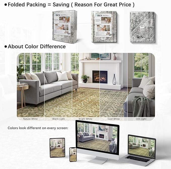 DCX 8x10 Neutral Rug, Kid & Pet Friendly with Rubber Back Non Slip, Machine Washable Stain Resistant Olive Green Floral Rug for Living Room, Bedroom, Soft Low Pile Large Nursery Carpet