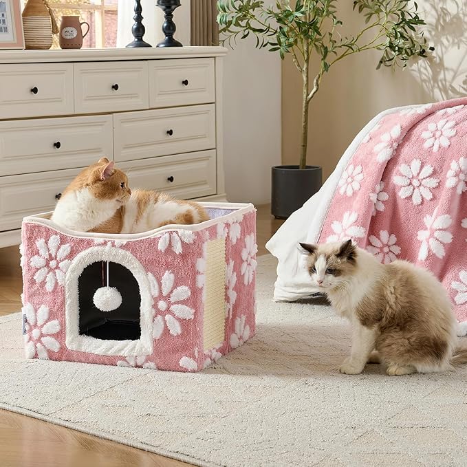 Cat Houses for Indoor Cats, Cute Cat Cave with Fluffy Ball Hanging and Scratch Pad, Foldable Kitten Condo Hideaway, 17x17x13 inches, Pink Flower