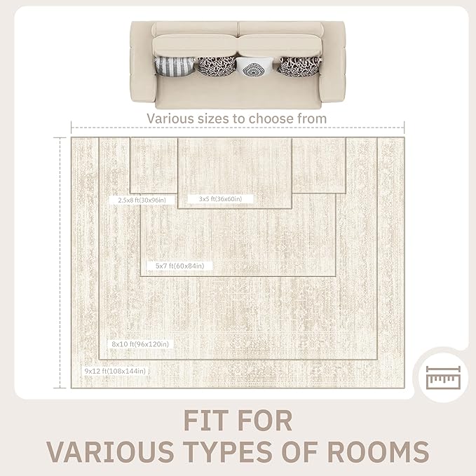 Living Room 10x14 Area Rugs, Washable Low Pile Non-Slip Stain Resistant Extra Large Thin Rug, Vintage Soft Throw Carpet for Dining Room Bedroom Farmhouse Home Office Decor Beige/Cream