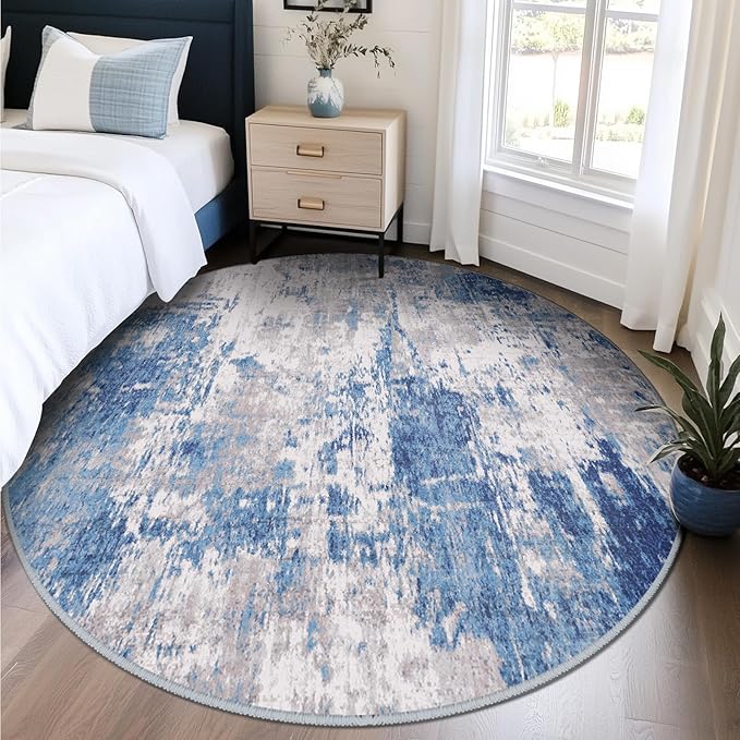 Washable Area Rugs 8ft Non-Slip Modern Abstract Soft for Living Room Entryway Bedroom Nursery, Print Pattern, Blue Grey Navy Gray
