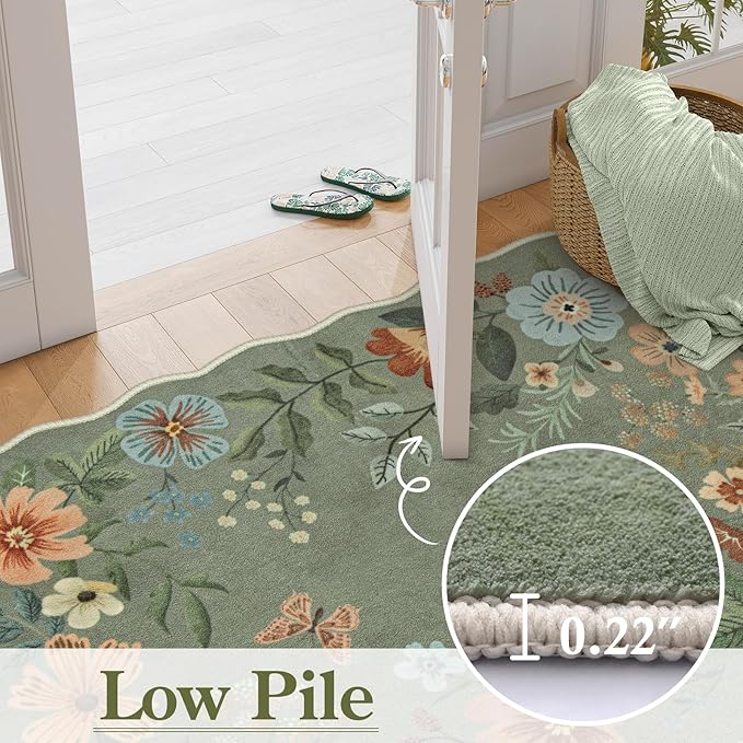 Lahome Floral Washable Runners for Hallways, 2x5 Kitchen Runner Ultra-Thin, Non-Slip Soft Hallway Rug Stain Resistant Boho Low-Pile Carpet for ‎Laundry Bathroom Bedroom(2x5ft,Green)