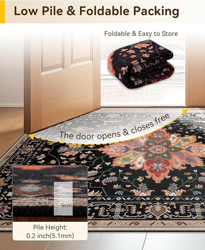 Area Rugs 3'x12' Runner Rug Non Slip Washable for Kitchen Hallway Bedroom Beside Laundry Room Bathroom Rug, Floor Carpet, Black Colorful Floral Dark Tan