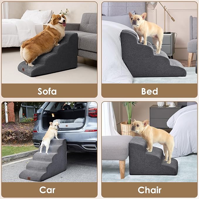 EHEYCIGA Curved Dog Stairs Ramp for Small Dogs 15.7" H, 3-Step Dog Steps for Couch Sofa and Chair, Pet Stairs for Cats, Non-Slip Balanced Pet Steps Indoor, Grey