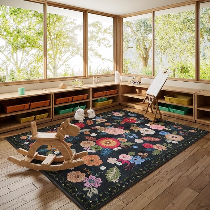 Machine Washable Bedroom Area Rug: 5'x7' Living Room Rug Floral Vintage Large Rugs Stain Resistant Non Slip Low Pile Faux Wool Soft Rug for Dining Room Bedside Kitchen Entryway Nursery Home Office