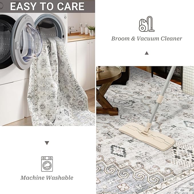 6x9 Area Rugs for Living Rooms, Stain Resistant Neutral Washable Rugs for Dining Rooms, Floral Vintage Non-Slip Thin Large Size Area Rug(Light Grey)