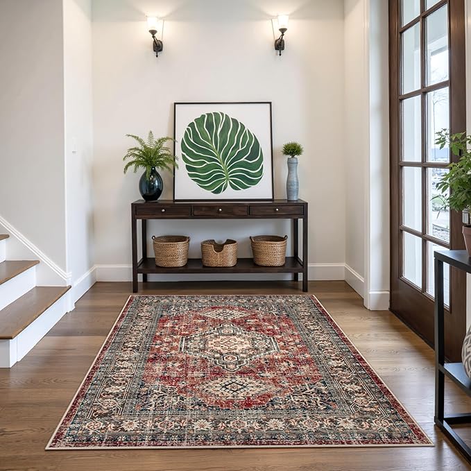 Lahome Oriental Washable Rugs for Bedroom, 4X6 Soft Living Room Rug Ultra-Thin Non-Slip Stain Resistant Vintage Low-Pile Throw Carpet for ?랳ffice Entryway, Brick Red