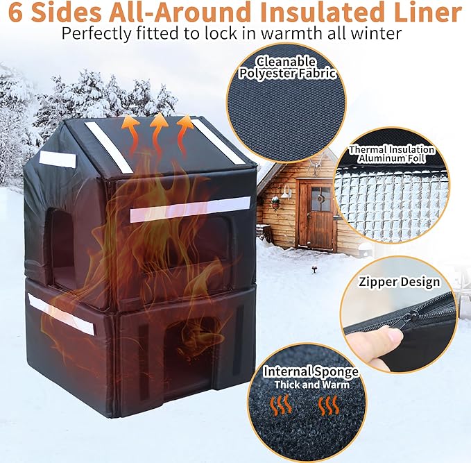 Rockever 100% Insulated Cat House with Insulated Liner, Waterproof Cat House for Outdoor Cats in Winter, Feral Cat Shelter for Outdoor Use with Escape Door