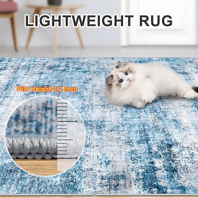 Area Rugs 10x14 Living Room - Washable Rug Modern Abstract Soft Large Neutral Non-Slip Carpet Indoor Floor Thin Carpets for Bedroom Dining Room Farmhouse Nursery Home Office Blue Grey