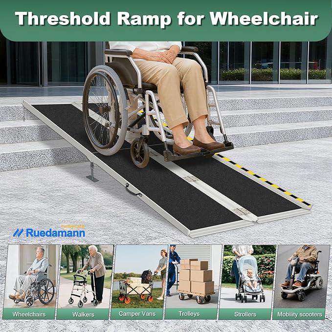 Ruedamann 10'L Wheelchair Ramp, 600Lbs Capacity, Non-Slip Threshold Ramp, Portable Aluminum Folding Handicap Ramp for Home, Wheelchairs, Steps, Stairs, Doorways, Curbs