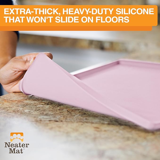 Neater Pet Brands Neater Mat Pet Mats for Food and Water, Cat & Dog Bowl Mat Waterproof Silicone, Feeding Tray, Dog Food Mats for Floors, Placemat w/Raised Edge for Under Bowls, 16” x 10”, Light Pink