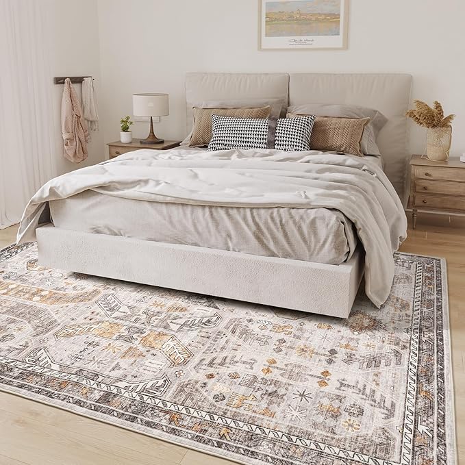 9x12 Area Rug,Ultra-Thin Washable Rugs for Living Room,Non-Slip Lightweight Foldable Area Rug,Stain Resistant Vintage Large Rugs(Brown/Gold, 9'x12')