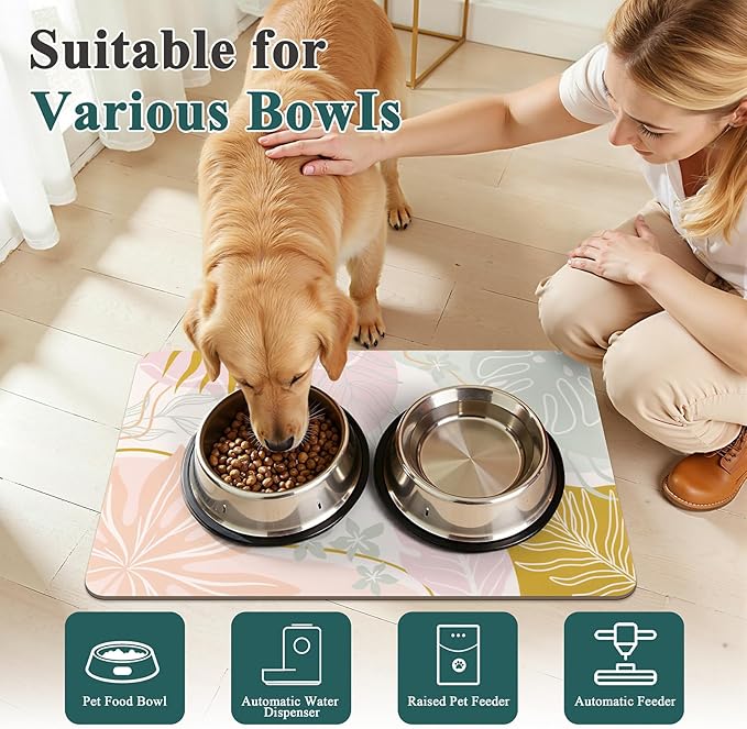 Topotdor Boho Dog Food Mat for Floors, Absorbent Quick-Dry Cat Pet Feeding Mat, Non-Slip Dog Bowl Mat for Food and Water, Pet Placemat for Dogs, Cats, Puppy Accessories, 16"x24", Pink