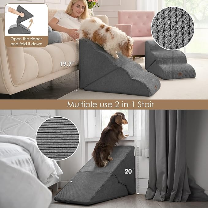 EHEYCIGA Curved Foldable Dog Stairs Ramp for High Beds 19.7" H, 4-Step Dog Steps for Small Dogs and Cats, Pet Stairs for High Bed Climbing, Non-Slip Balanced Pet Step Indoor, Grey