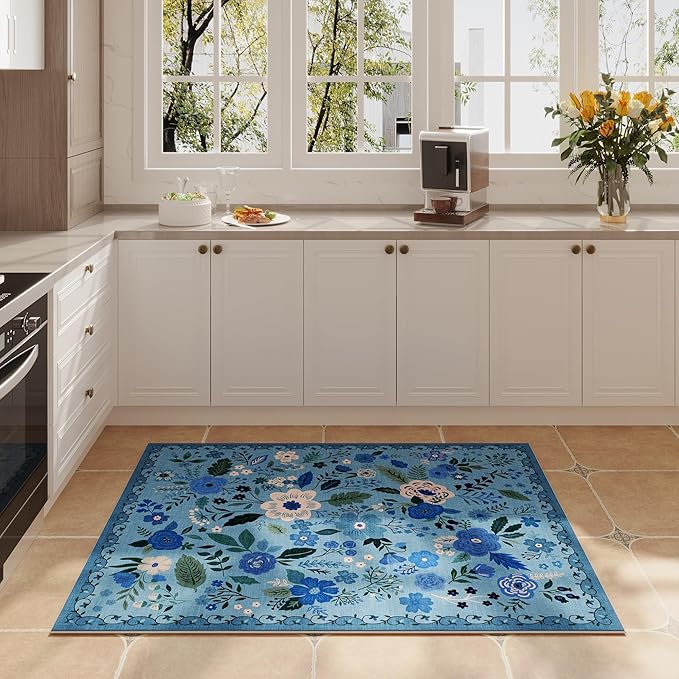 Rugcomf Door Mat Indoor Entrance 2x3 Rug Machine Washable Boho Floral Small Area Rug Non-Slip Low Pile Throw Rugs for Entryway, Kitchen, Front Door Indoor Entrance, Entry, Kids Room (Blue)