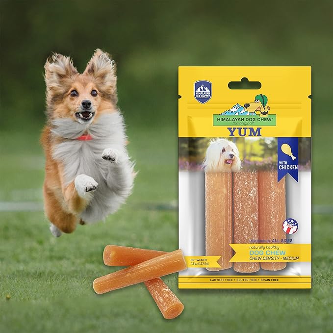 Himalayan Dog Chew Yak Cheese Dog Chews, Lactose Free & Grain Free, USA Made, for All Dog Breeds, Medium Density Cheese Chew, Resealable Pouch with 3 YUM Treats, Chicken Flavor