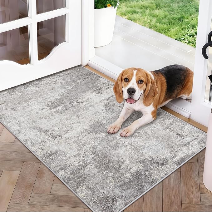 Modern Abstract 2x3 Rug Washable Non-Slip Small Area Rug for Bathroom Sink Kitchen Bedside - Soft Low-Pile Doormat for Entryway Laundry Room Decor 2x3 Grey