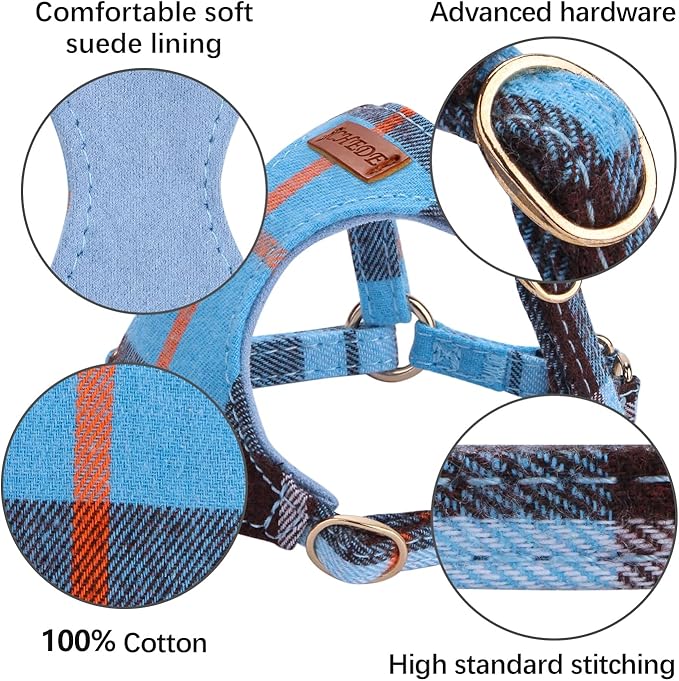CHEDE No Pull Puppy Harness and Multifunction Dog Leash Set- 8 Colors Soft Adjustable No Choke Escape Proof Cute,Lightweight Pet Vest Harness for Small and Medium Dog (XXS, Blue Grid)