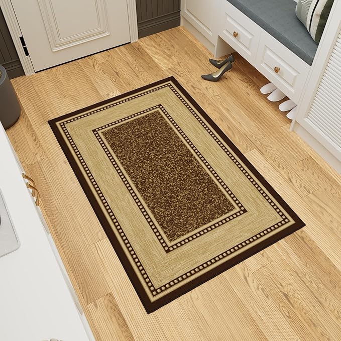 Ottomanson 3'3" x 5' Rugs for Living Room Border Area Rug for Bedroom - Non Slip Durable Large Floor Carpet for High Traffic Areas - Indoor Rug for Dining Room Kitchen Kids Playroom, Brown