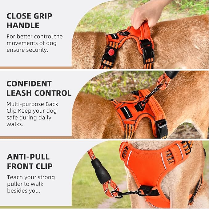 No Pull Dog Harness with A Free Heavy Duty 5ft Dog Leash, Adjustable Soft Padded Dog Vest, Reflective No-Choke Pet Oxford Vest with Easy Control Handle for Small and Large Dogs (Orange, X-Large)