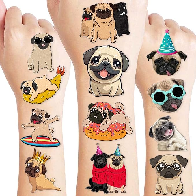 96 PCS Pug Pre-Cut Temporary Tattoos – Cute Dog Puppy Stickers for Kids, Birthday Party Favors, Decorations, Supplies, Gifts for Girls Boys, Classroom School Prizes, Rewards