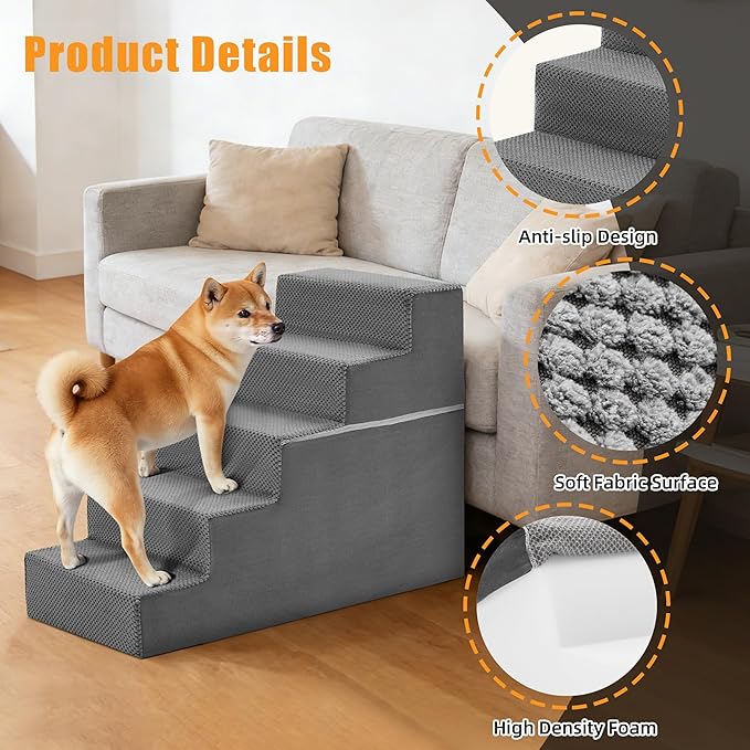 5-Step Dog Stairs for Large Dogs and Cats, 23in H Dog Steps for Couch, Sofa, Chair, Non-Slip Sturdy Pet Steps, Pet Ramp for High Bed Indoor