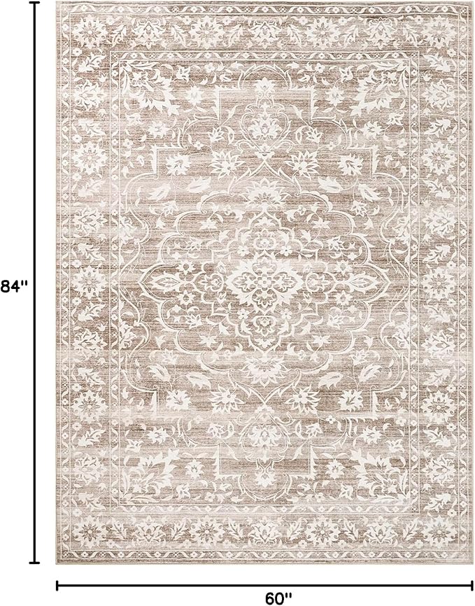 6x9 Area Rugs for Living Room, Stain Resistant Neutral Washable Rugs for Bedroom, Floral Vintage Non-Slip Soft Throw Carpet for Dining Room Farmhouse (Light Brown, 6'x9')