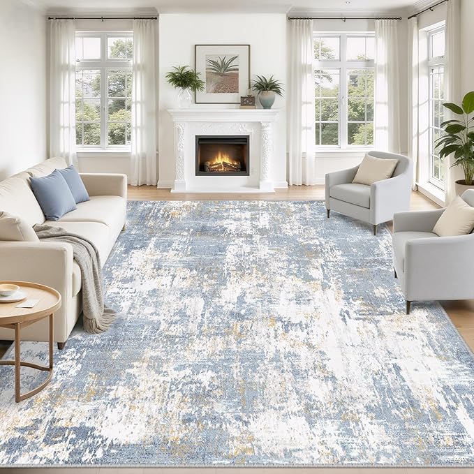 Washable Area Rugs 8'x10' Non-Slip Modern Abstract Soft for Living Room Entryway Bedroom Nursery, Print Pattern, Light Blue