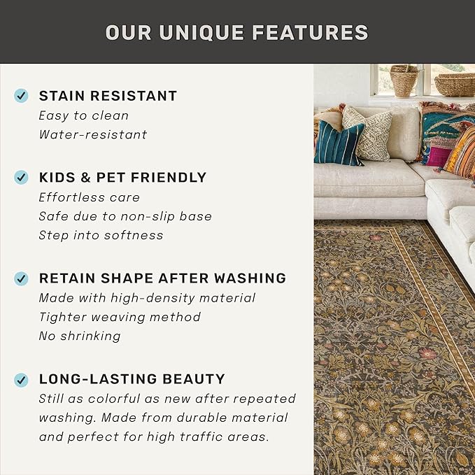 Washable Dining Room Rugs for Under Table - 6x9 Brown Oriental Area Rug for Living Room, Low Pile Non-Slip Floor Carpet for Bedroom Under Bed - Vintage Design & Stain Resistance