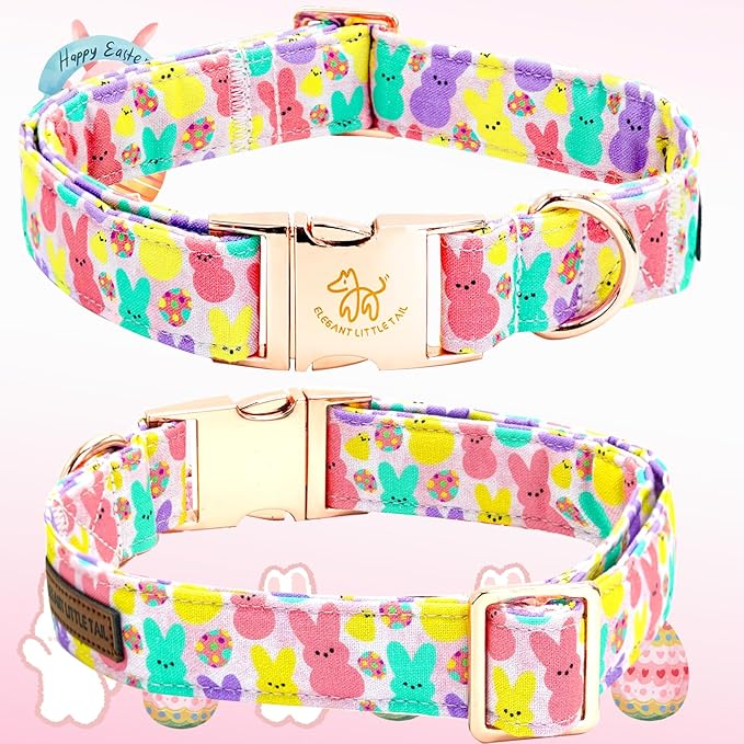 Elegant little tail Easter Dog Collar, Bunny Print Pet Collar Durable Cotton Dog Collars Girl or Boy Metal Collars Holiday Pet Gift Adjustable Dog Collar for X-Large Dogs