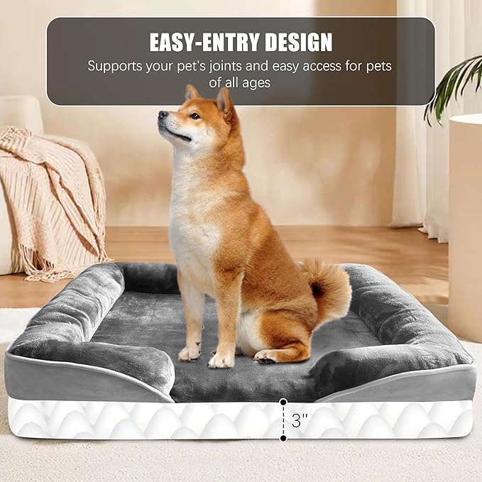 Orthopedic Dog Bed with Sides - Dog Sofa Beds for Large Dogs, Supportive Foam Pet Couch Bed with Washable Removable Cover, Waterproof Lining and Non-Slip Bottom, Grey - L