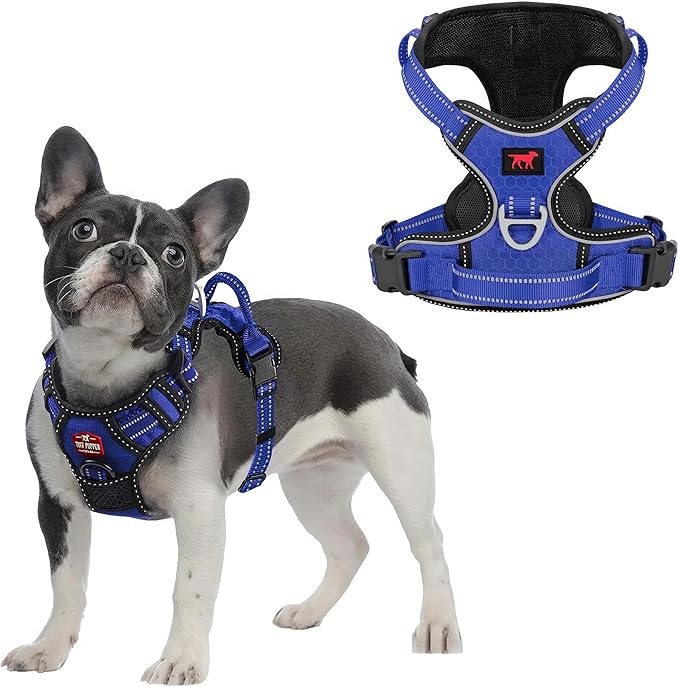 Tuff Pupper No Pull Easy Walk Dog Harness | Heavy Duty Pet Vest | Front & Back Leash Clips | Strong Safety Handle | Reflective Anti Pull Vest | Comfortable Padded Escape Proof Harness (Small, Blue)