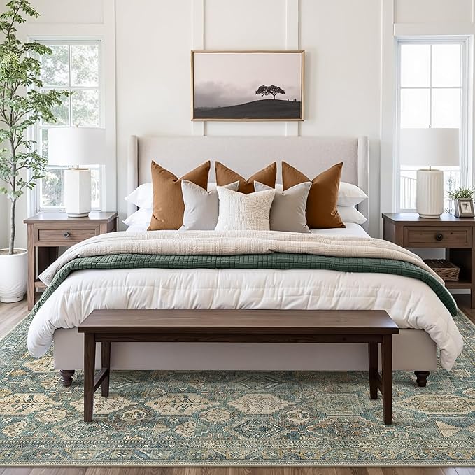 Bavni Washable Rug 5x7 Area Rug for Living Room Bedroom Dining, Washable Vintage Print Carpet, Ultra-Thin Low Pile Lightweight Rug with Non Slip Backing, Teal