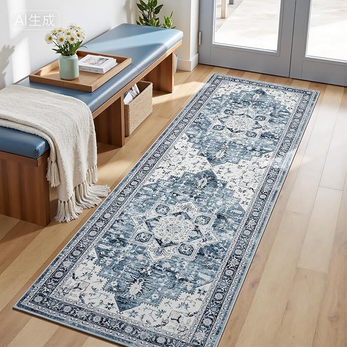 Lessymo Washable 2x6 Hallway Runner Rug for Entryway Bedroom, Soft Kitchen Area Rugs Non Slip for Bathroom Living Room Laundry Room, Long Vintage Boho Floor Carpet Stain Resistant Low Pile, Blue White