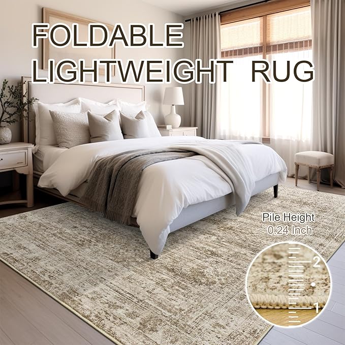 10x14 Area Rugs for Living Room, Non Slip Machine Washable Vintage Rugs, Low Pile Lightweight Large Rug for Bedroom, Dining Room, Home Office Brown