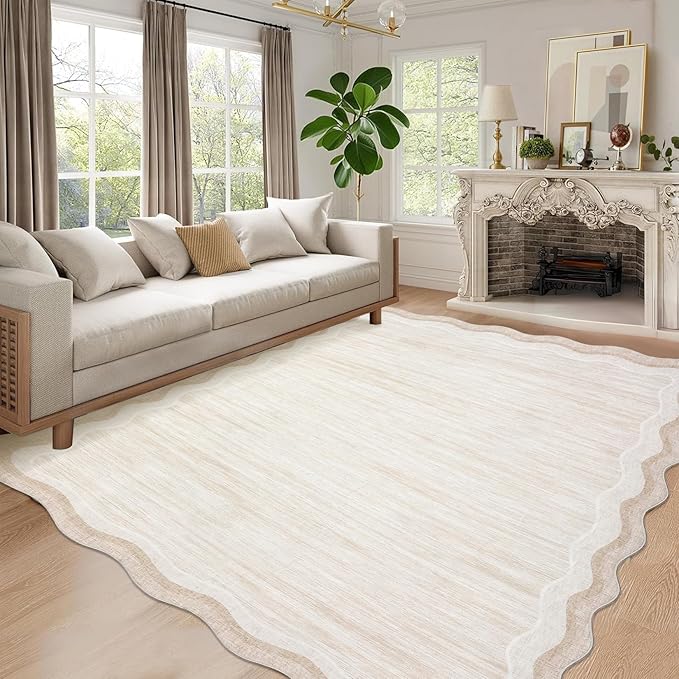 GarveeHome Large Scalloped Rug 10x13 Solid Color Dining Room Carpet, Decorative Modern Easy Cleaning Carpet with Non-Slip Backing, Washable Low Pile Indoor Rug for Living Room Farmhouse Bedroom, Beige
